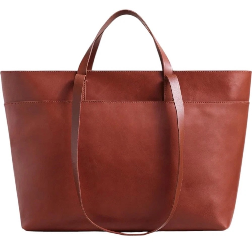 Madewell Large Zip Top Essential Leather Tote Short And Long Straps Cup Holder